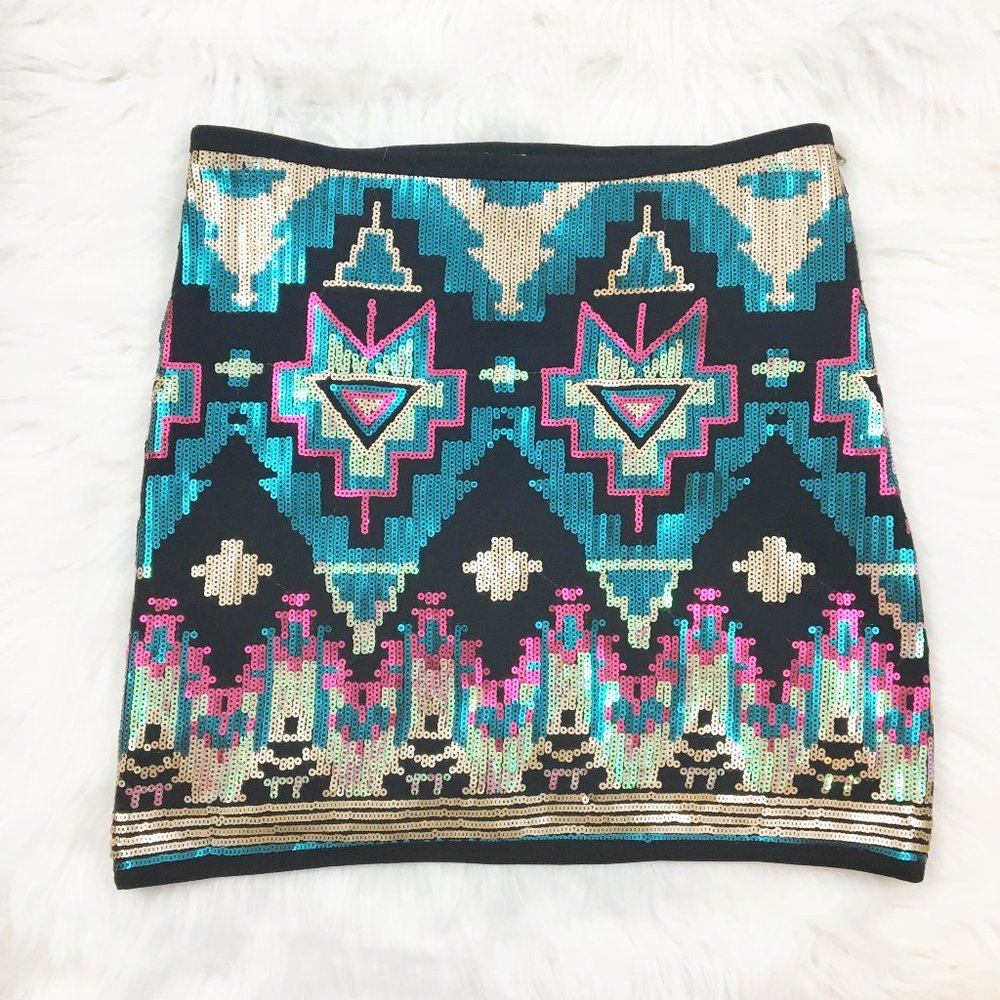***J&M Clothing Aztec Tribal Sequin Black Mini